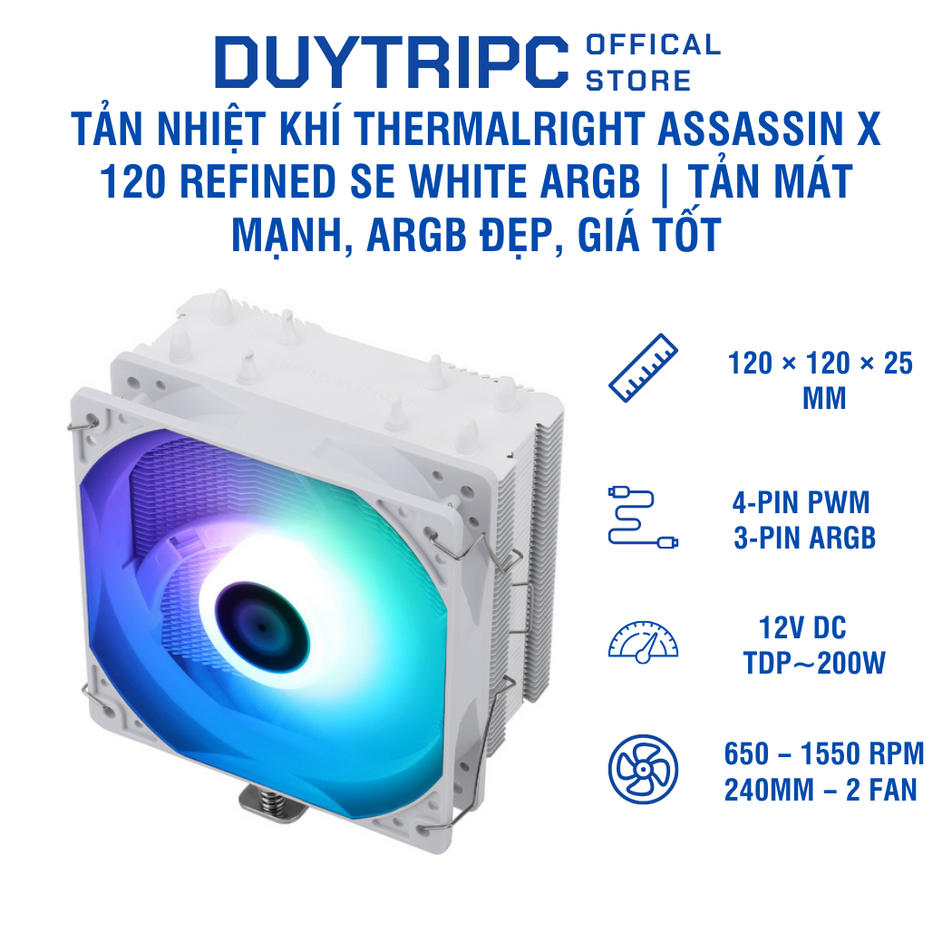 Tản nhiệt khí Thermalright Assassin X 120 Refined SE White ARGB | Tản mát mạnh, ARGB đẹp, giá tốt